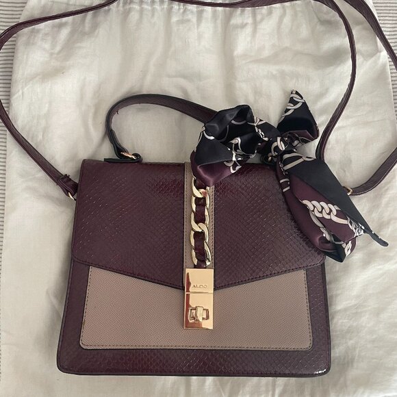 Aldo Burgundy Two Tone Purse Handbag Gold Accents Scarf Accessory - Picture 1 of 12